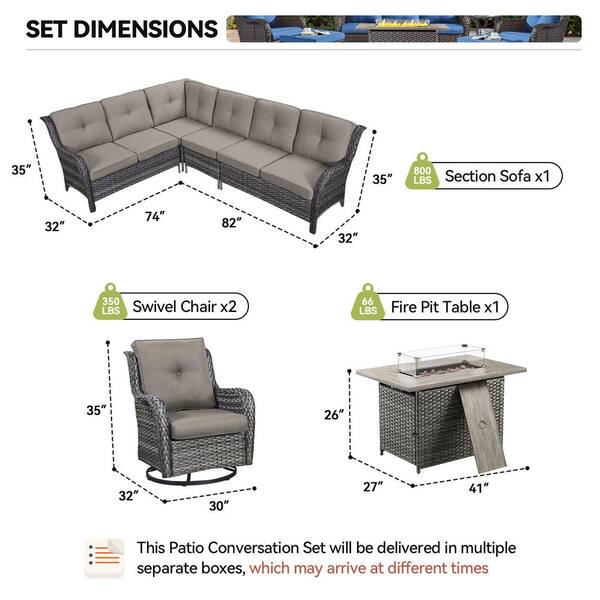Arcline 7-Piece Gray Wicker Fire Pit Conversation Set with Olefin Gray Cushions L-Shaped Sofa/Patio Swivel Chairs