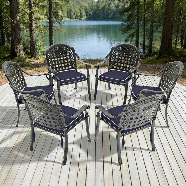 Black Cast Aluminum Patio Dining Chair With Blue Cushions (6-Pack)