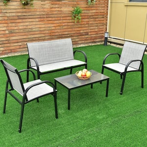 Black 4-Piece Metal Patio Conversation Set Chairs and Coffee Table Garden Modern Furniture