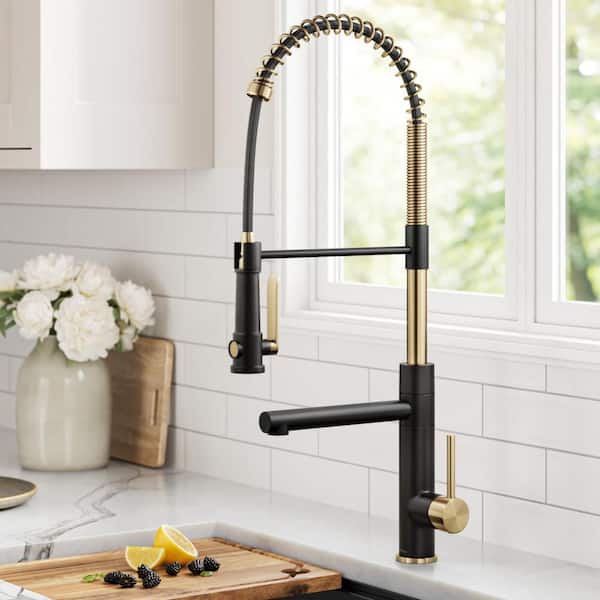 Artec Pro Spot Free Brushed Brass/Matte Black 26.88 in. H Pull Down Sprayer Kitchen Faucet with 360° Spout Swivel