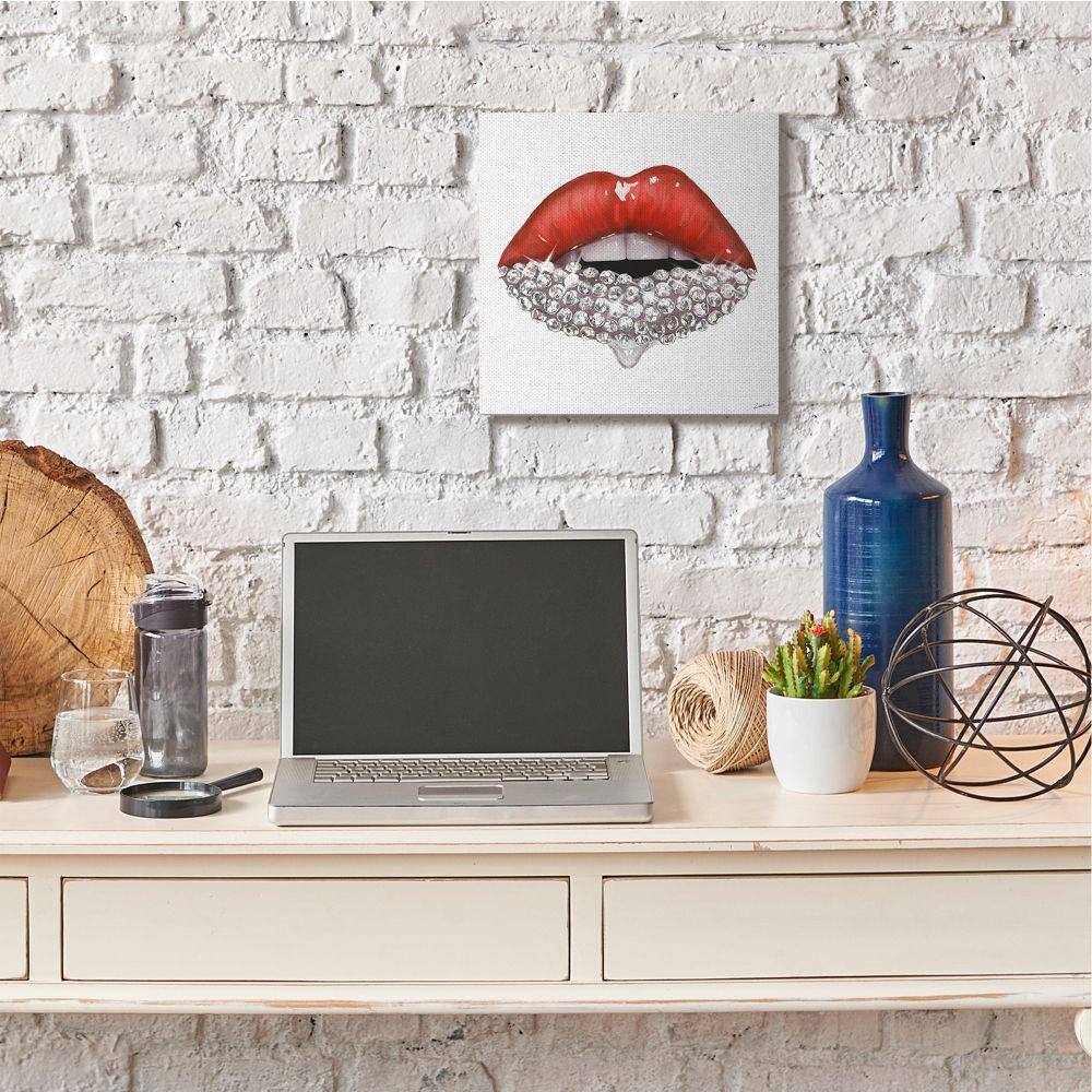 Red Glam Lips with Glistening Stones Abstract Canvas Wall Art