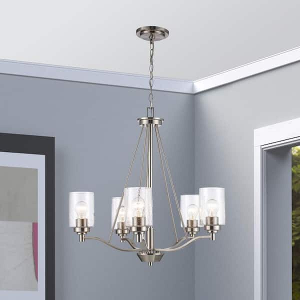 Simi 5-Light Brushed Nickel Chandelier Light Fixture with Seeded Glass Shades
