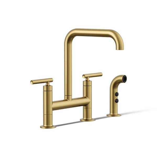 Purist 2 Handle Bridge Kitchen Faucet in Vibrant Brushed Moderne Brass