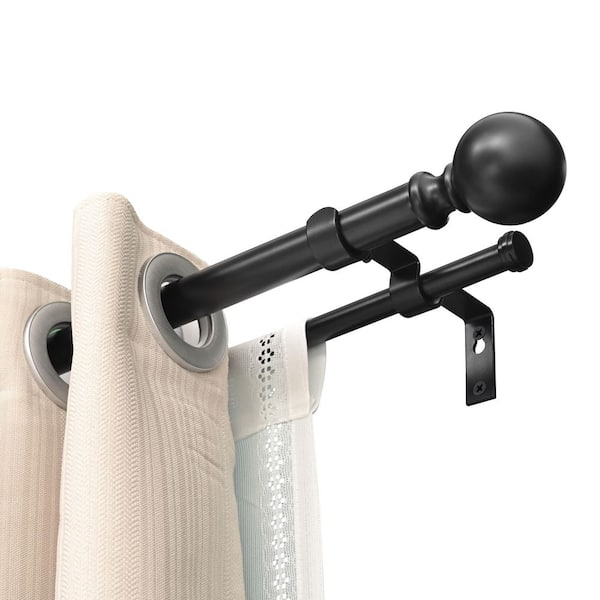 86 in. 120 in. Adjustable Double Curtain Rod Set with Classic Cap, 1 in. dia. Black with Finial