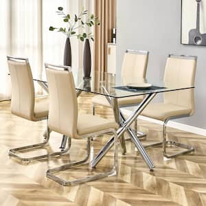 Beige Modern Dining Chairs, PU Faux Leather High Back Upholstered Side Chair (Set of 4)