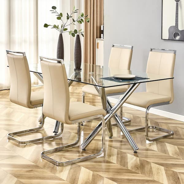 Unbranded Beige Modern Dining Chairs, PU Faux Leather High Back Upholstered Side Chair (Set of 4)