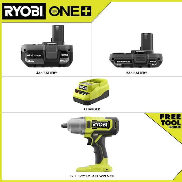ONE+ 18V Lithium-Ion Starter Kit with 2.0 Ah Battery, 4.0 Ah Battery, Charger and FREE ONE+ Cordless 1/2" Impact Wrench