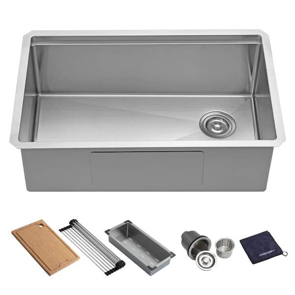 JASSFERRY Workstation 16 Gauge Stainless Steel 30 in. Single Bowl Tight Radius Undermount Kitchen Sink with Bottom Grid