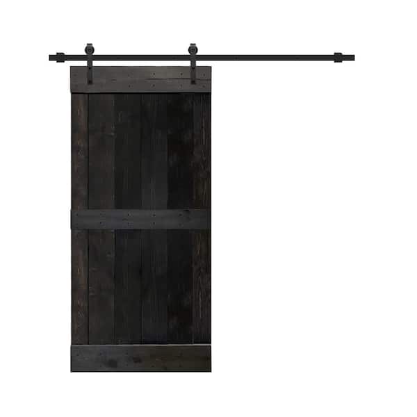 CALHOME Mid-Bar Series 30 in. L x 84 in. H Solid Charcoal Black Stained Pine Wood Interior Sliding Barn Door with Hardware Kit