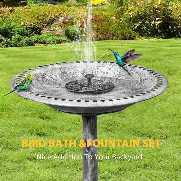 VIVOHOME Antique Polyresin Gray Garden Birdbath with Solar Powered Round Fountain