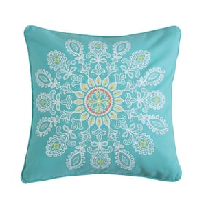 Laurel Coral Teal Geo Medallion Print 18 in. x 18 in. Throw Pillow