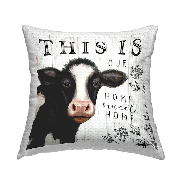 Our Home Sweet Home Phrase Dairy Farm Cow Off-White Square Outdoor Throw Pillow