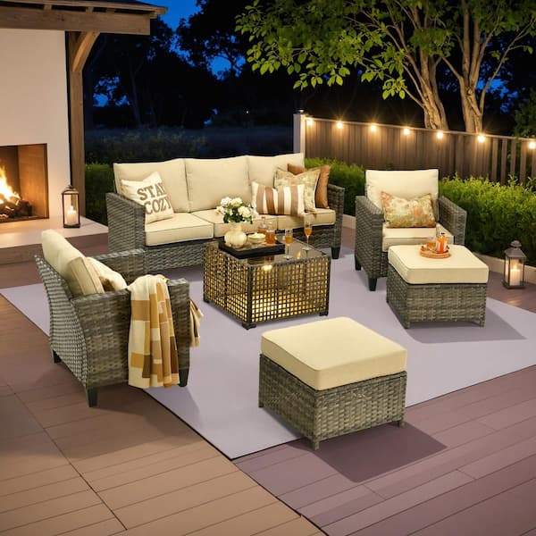 Daphne 6-Piece Modern Wicker Outdoor Patio Conversation Sofa Seating Set with Beige Cushions