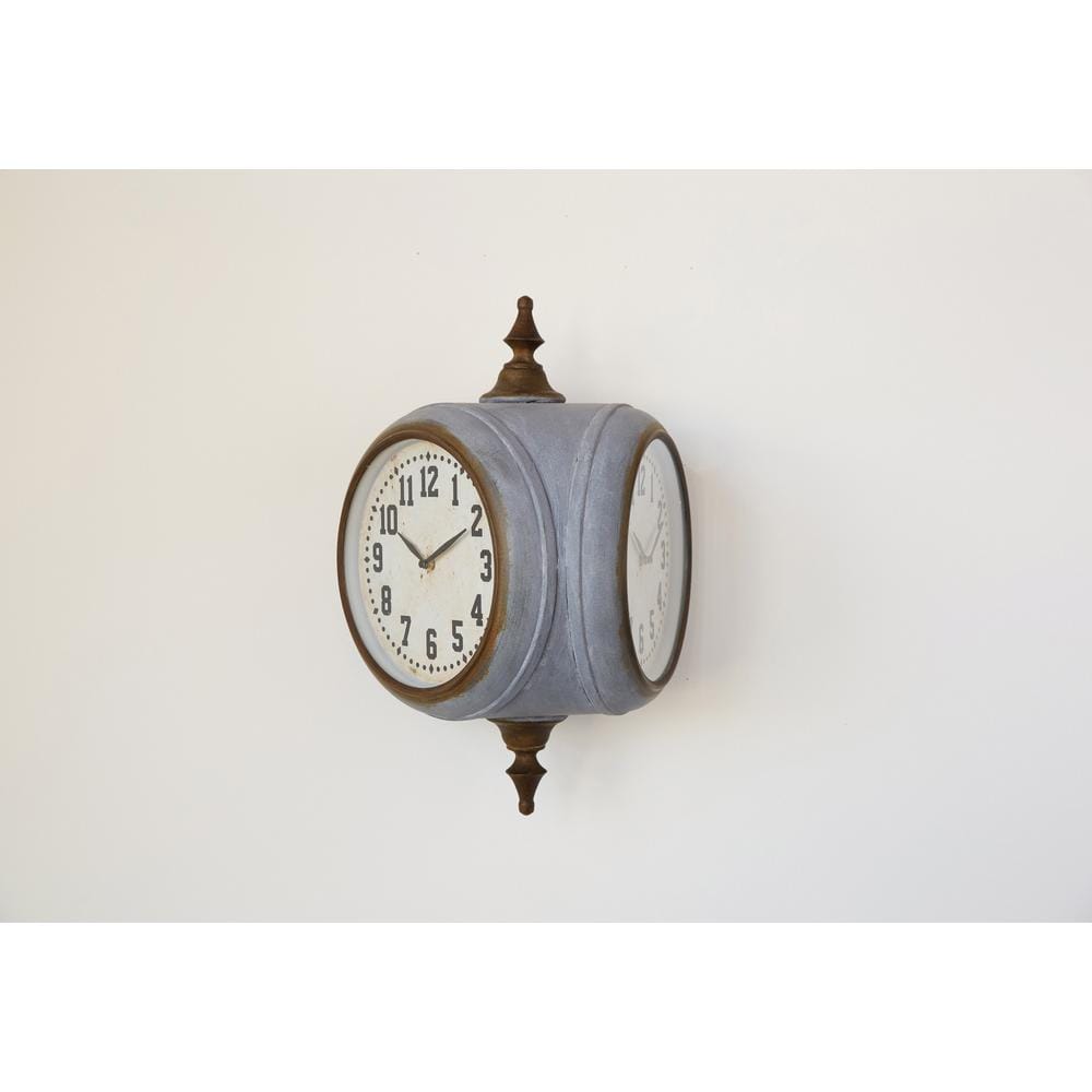 Distressed Gray and Brown Double-Sided Metal Wall Clock