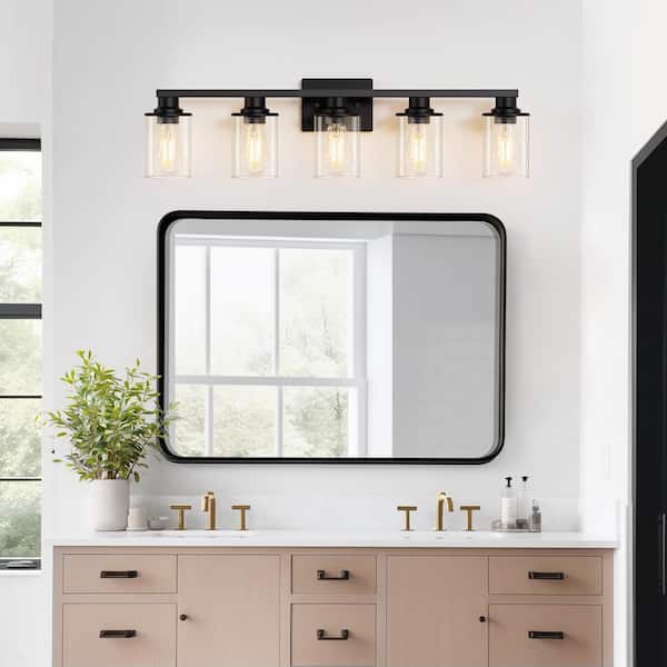 33 in. 5-Light Modern Matte Black and Gold Bathroom Vanity Light with Clear Glass Shades for Large Mirrors, Bedroom
