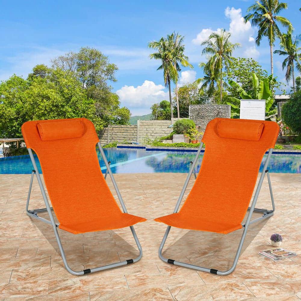 Orange Folding Beach Lounger Set with Adjustable Backrest