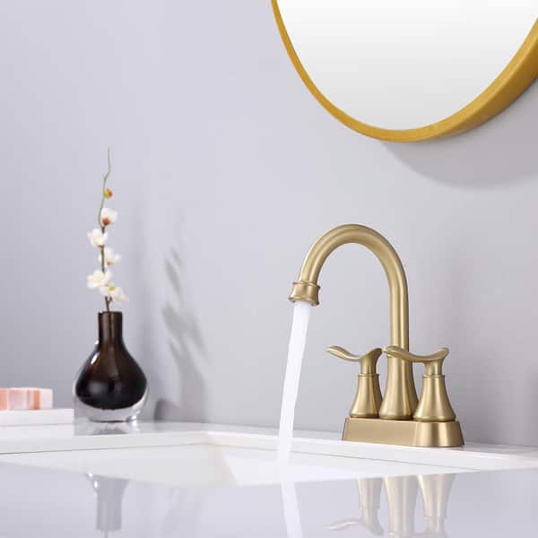 Staykiwi 4 in. Centerset Double Handle Mid Arc Bathroom Faucet with Drain Kit Included in Brushed Gold