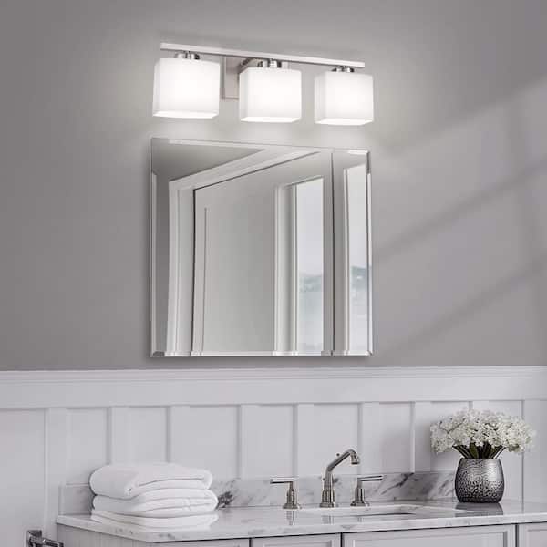22 in. 3 Light Nickel Vanity Light for Vanity Powder Room Dressing Room with White Glass Shades