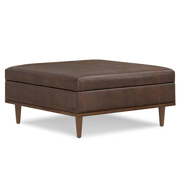 Shiloh 38 in. Wide Transitional Contemporary Square Storage Ottoman in Distressed Chestnut Brown Vegan Faux Leather