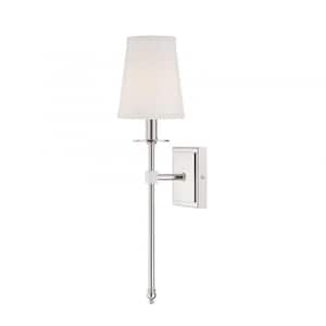 Monroe 5 in. W x 20 in. H 1-Light Polished Nickel Wall Sconce with White Fabric Shade