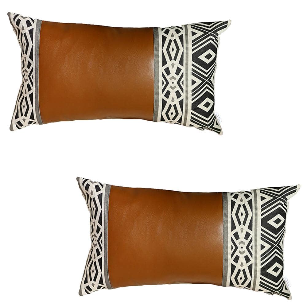 Bohemian Brown and Ivory Vegan Faux Leather Lumbar Throw Pillows Set of 2