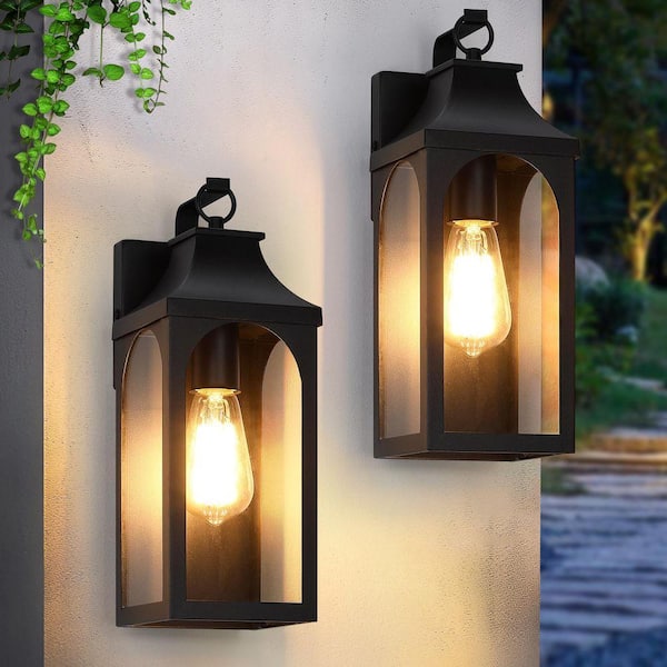 13.63 in. 1-Light Matte Black Outdoor Wall Lantern Sconces with No Bulbs Included (2-Pack)