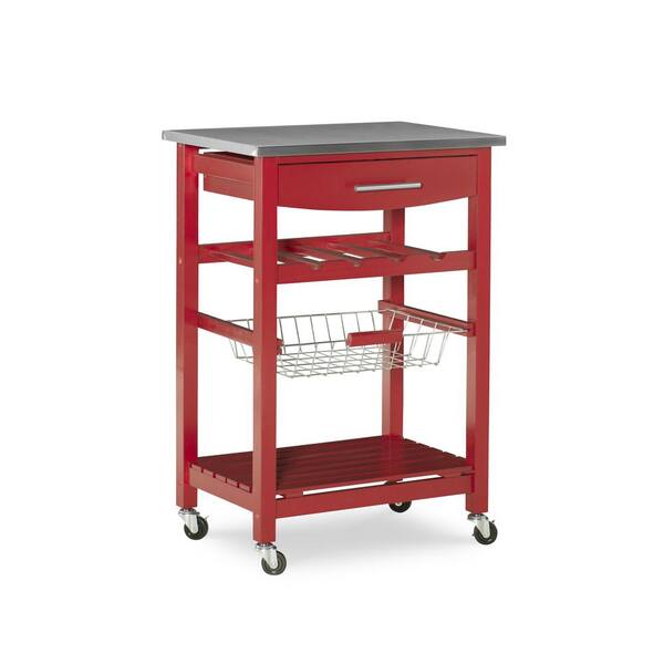 Linon Home Decor Todd Red Kitchen Cart with Stainless Steel Top and Storage