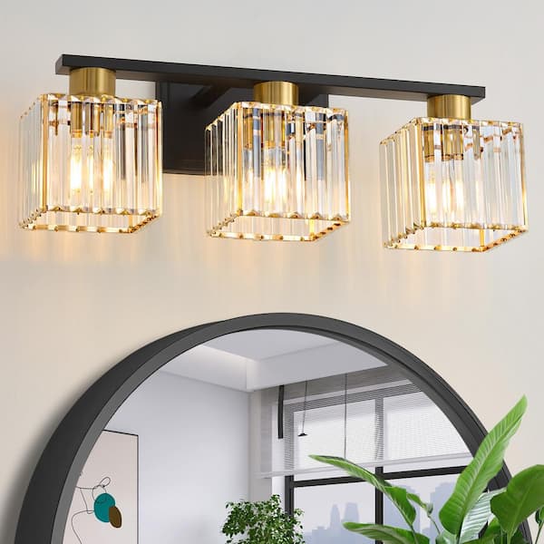 Deyidn Modern Luxury 21 in. 3-Light Black and Gold Bathroom Vanity Light with Crystal Shade Enhance the Beauty of Your Bathroom