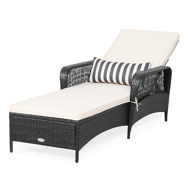 Patio Cushioned Armchair Adjustable Bracket Wicker Outdoor Chaise Lounge Chair with CushionGuard Off White Cushions