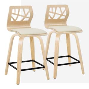 Folia 23.5 in. Cream Faux Leather, Natural Wood, and Black Metal Fixed-Height Counter Stool (Set of 2)