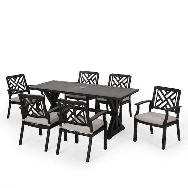 Noble House Callan 7-Piece Aluminum Outdoor Dining Set with Light Beige Cushions