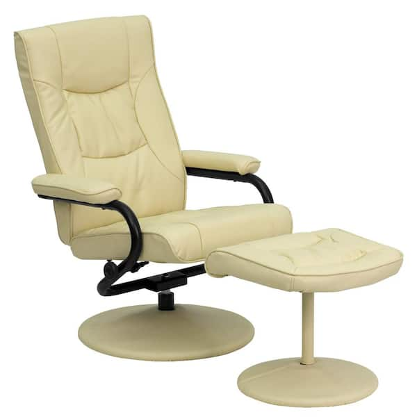 Flash Furniture Contemporary Cream Leather Recliner and Ottoman with Leather Wrapped Base