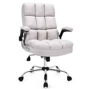 Adjustable High-Back Beige Linen Seat Swivel Office Executive Chair with Flip-up Armrests