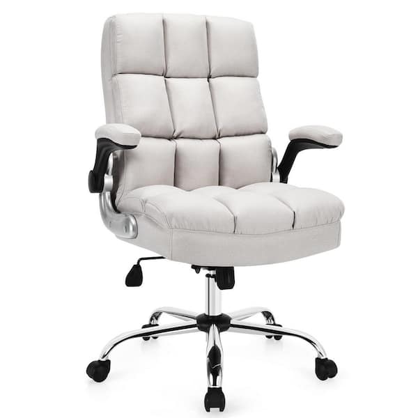 Adjustable High-Back Beige Linen Seat Swivel Office Executive Chair with Flip-up Armrests