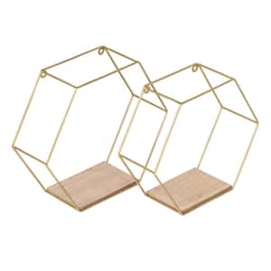 3.9 in. D x 11.8 in. W x 10.6 in. H Gold/Natural Steel/MDF Floating Set of Hexagonal Decorative Metal Wall Shelves