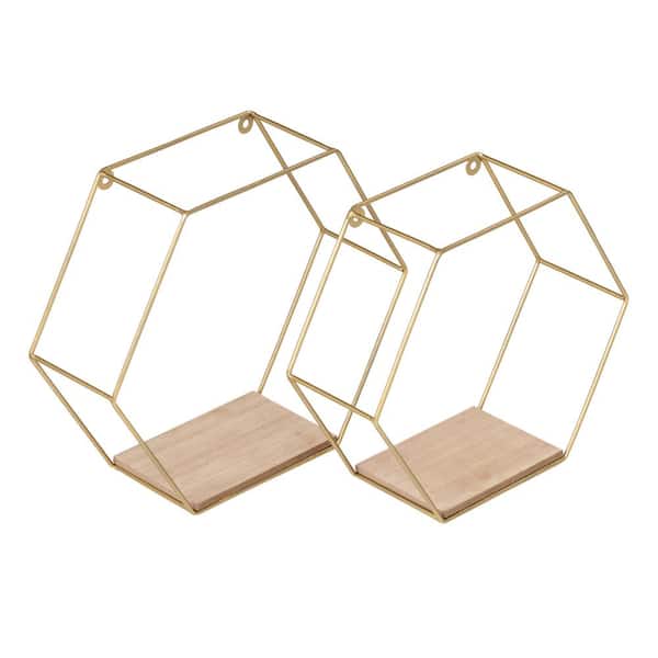 Honey-Can-Do 3.9 in. D x 11.8 in. W x 10.6 in. H Gold/Natural Steel/MDF Floating Set of Hexagonal Decorative Metal Wall Shelves