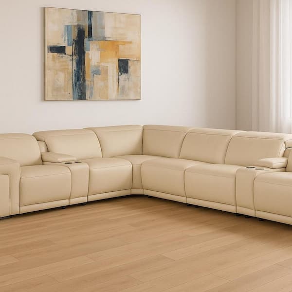 151.00 in. Flared Arm 8 piece Leather L-Shaped Sectional Sofa in. White