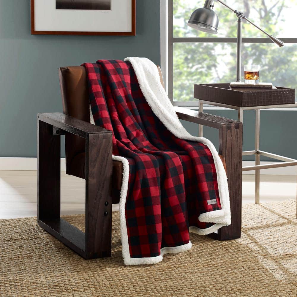 Red Plaid Cotton Sherpa Reversible Throw Blanket and Pillow Set