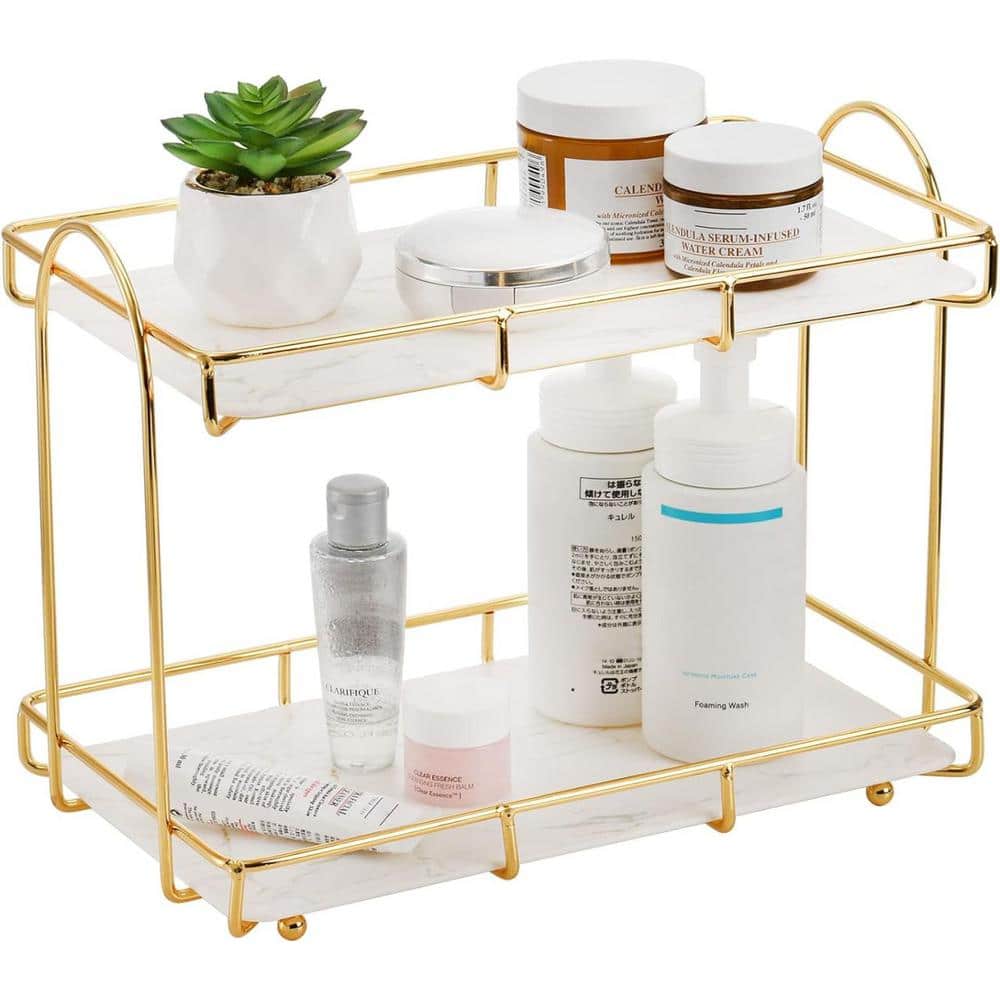 Marble 2-Tier Vanity Organizer with Gold Trim, Countertop Makeup Storage Ra