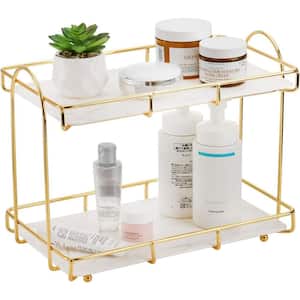 Marble 2-Tier Vanity Organizer with Gold Trim, Countertop Makeup Storage Rack for Bathroom, Dresser, Skincare, Perfume