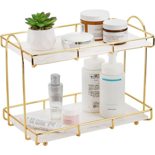 Adrinfly Marble 2-Tier Vanity Organizer with Gold Trim, Countertop Makeup Storage Rack for Bathroom, Dresser, Skincare, Perfume