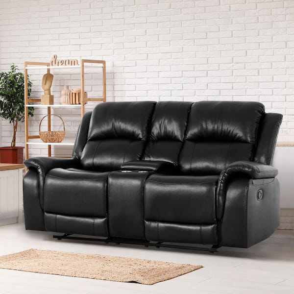 75.59 in. W Rolled Arm Faux Leather Rectangle Push Back Manual Recliner Sofa Loveseat for Living Room in Black