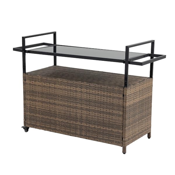 Unbranded Light Brown Outdoor Wicker Wine Serving Cart with Glass Top for Porch Backyard Garden Poolside Party