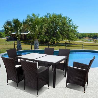 Black 7-piece Outdoor Wicker Dining Set - Dining Table Set for 6 - Patio Rattan Furniture Set with Beige Cushion