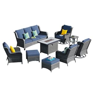 Joyoung Gray 9-Piece Wicker Patio Rectangle Fire Pit Conversation Set with Denim Blue Cushions and Swivel Chairs