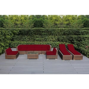 Mixed Brown 9-Piece Wicker Patio Combo Conversation Set with Supercrylic Red Cushions