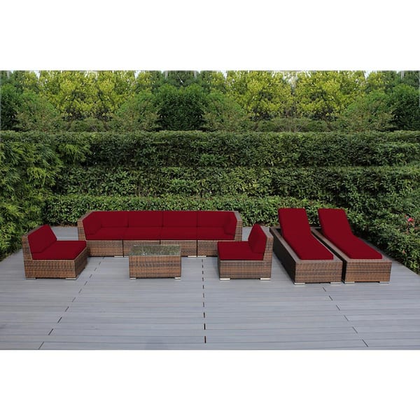 Ohana Depot Mixed Brown 9-Piece Wicker Patio Combo Conversation Set with Sunbrella Jockey Red Cushions