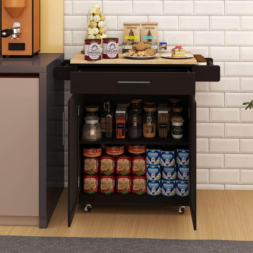 Black Rubber wood Kitchen Cart with Towel Rack and Adjustable Shelf