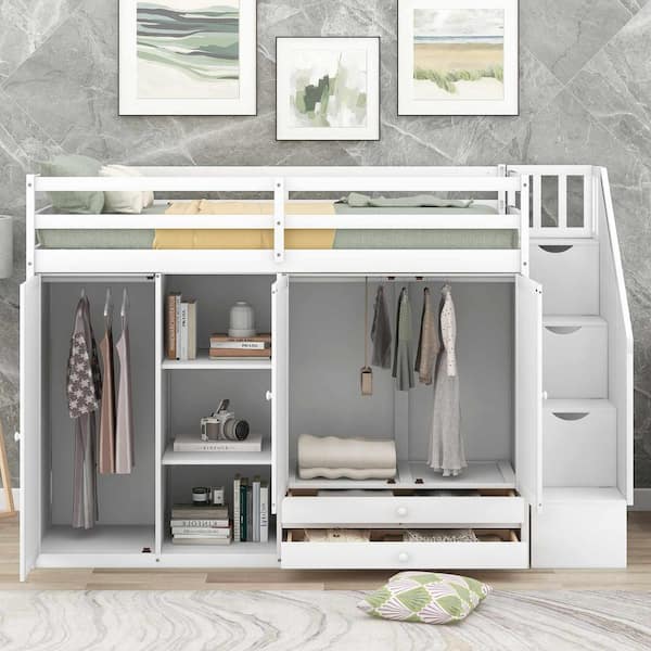 Functional Loft Bed with 3-Shelves, 2-Wardrobes and 2-Drawers, Ladder with Storage, No Box Spring Needed, White