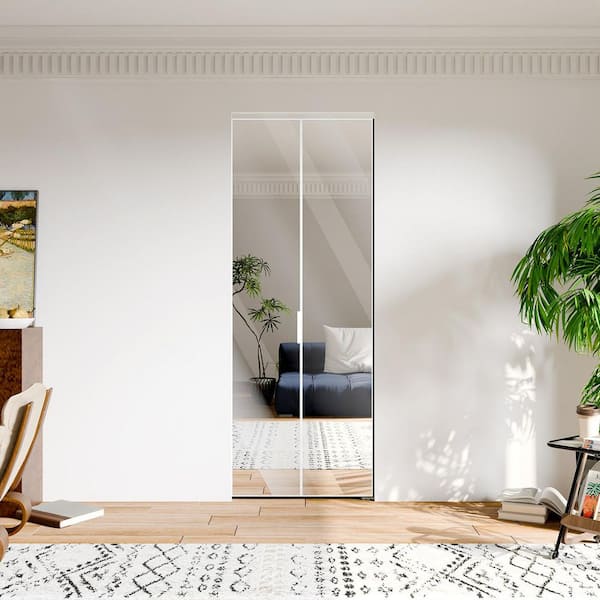 30 in. x 80 in. Full Lite Mirrored Glass, White Aluminum Frame, Hollow Core MDF Bi-fold Doors with Hardware Kit Set